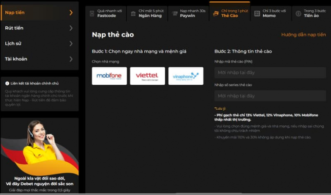 Nạp tiền Debet qua hình thức nạp thẻ cào điện thoại